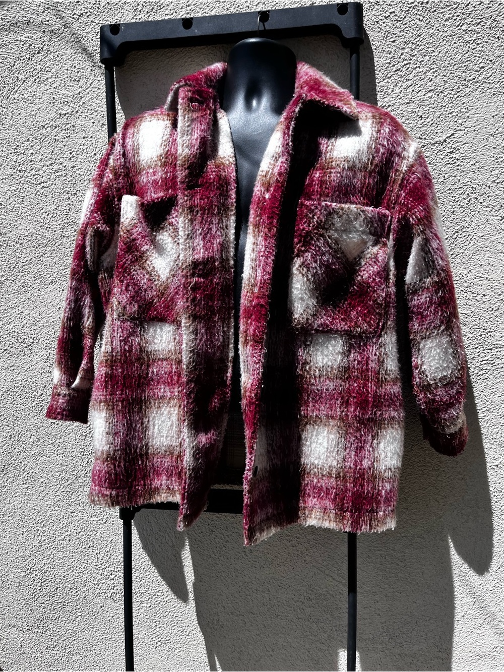 Zara Burgundy & Cream Plaid Teddy Jacket